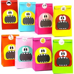 24 Uitdeelzakjes + Stickers - Monsters - 12x8x22cm - Stevig Papier - Traktatie Zakjes - Papieren Zakjes - Cadeau Zakjes - 8 Verschillende Kleuren - Kraftpapier - 24 Stuks