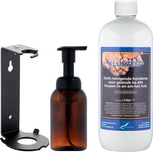 Zeepdispenser 300 ml amber bruin hervulbaar + 1 liter Kluszeep navulling (inclusief beugel)