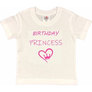 T-shirt Kinderen ""Birthday Princess"" | korte mouw | Wit/roze | maat 86/92 Verjaardag Meisjes Prinses
