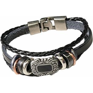 Fako Bijoux® - Leren Armband - Leder Exclusive - Schild - 20cm - Zwart