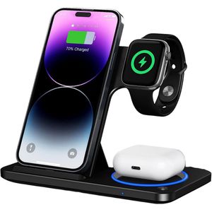 Oplaadstation - Dockingstation - 3 in 1 Oplader - Magnetisch - Draadloos Snellader - Type C 15W - Telefoon - Airpods - Smartwatch - ZWART