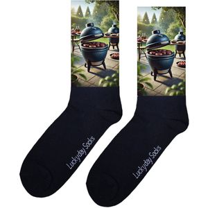 BBQ - Valentijns Cadeau - Grappige sokken - Leuke sokken - Hem Haar sokken - Vrolijke sokken - Sint cadeau - Vaderdag - Moederdag - Verjaardag cadeau - Kerst cadeau - Keramisch - Blauw - Leuk Cadeau - Socks maken Happy - 37-44