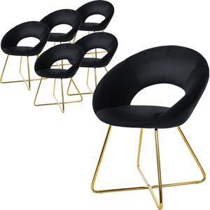 ML-Design eetkamerstoelen set van 6 fluweel, zwart, woonkamerstoel met ronde rugleuning, gestoffeerde stoel met goudkleurige metalen poten, ergonomische eettafelstoel, keukenstoel kuipstoel kaptafelstoel