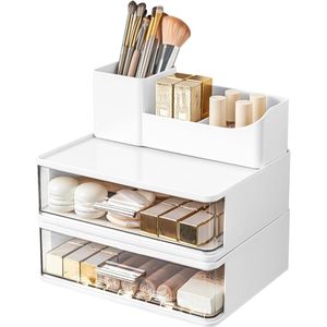 Make-up organizer met 2 lades, stapelbare cosmetica organizer, badkamer organizer, opbergruimte voor huidverzorgingsproducten zoals kwasten, oogschaduw, lotions en lippenstift (wit)