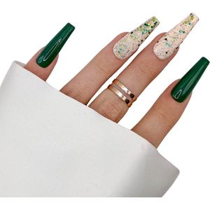 SD Press on Nails - B-202 - Plaknagels met nagellijm - XL Coffin - Green Glitter - Set 20 Nagels - Cosplay - Nepnagels - Valse Nagels - Extreem lange nageltips - Nail Art - Handgemaakt
