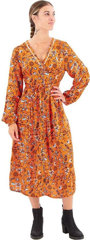 Superdry - Printed V Tea - Midi-jurk - Oranje - Slim Fit, V-hals, Lange Mouwen, Volledige Knoopsluiting