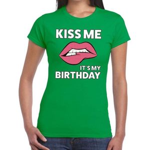 Kiss me it is my birthday t-shirt groen dames - feest shirts dames - verjaardag kleding S