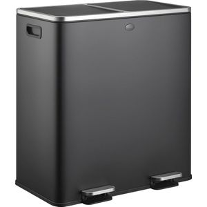 Grote Pedaalemmer voor Afvalscheiding - 60 Liter Vuilnisbak met 2 Vakken - Soft-close RVS Prullenbak voor Keuken of Kantoor - Mat Zwart