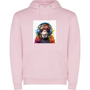 Zacht Roze unisex hoodie met “ Kleurrijke Aap met Koptelefoon“ Print Full merk Roly maat 128 7/8 jaar