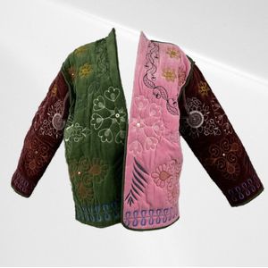 Casual jacket - Met verschillende print - Groen met roze - Velvet - One size