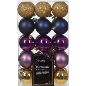 Decoris kerstballen - 30x - 6 cm -kunststof - goud/blauw/paars