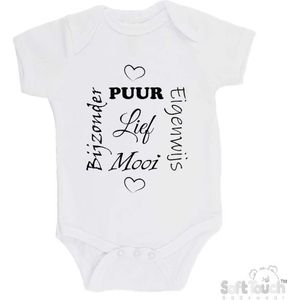 100% katoenen Romper ""Puur Eigenwijs Mooi Bijzonder Lief"" Unisex Katoen Wit/zwart 68/74