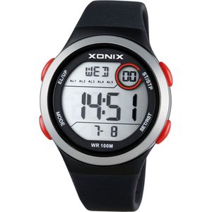Xonix DAO-A06 - Horloge - Digitaal - Unisex - Rond - Siliconen band - LCD - ABS - Cijfers - Achtergrondverlichting - Alarm(-en) - Start-Stop - Chronograaf - Tweede tijdzone - Zwart - Zilverkleurig - Rood - Waterdicht - 10 ATM