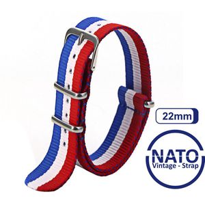 22mm Nato Strap Rood Wit Blauw streep - Nederland - Frankrijk - Vintage James Bond - Nato Strap collectie - Mannen - Horlogebanden - 22 mm bandbreedte voor oa. Seiko Rolex Omega Casio en Citizen