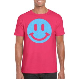 Bellatio Decorations Verkleed shirt heren - smiley - roze - carnaval/foute party - feestkleding S