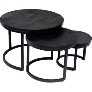 Nuvolix salontafels rond - 61*42CM - salontafel set van 3 - mangohout - zwart