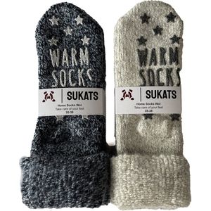 Sukats® Huissokken - Homesocks - 2 Paar - Maat 35-38 -Blauw/Grijs - Wollen Sokken - Dames Huissokken - Slofsokken - Meerdere Maten en Varianten - Verwarmde Sokken