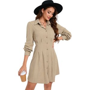 Blousejurk Dames Corduroy Overhemdjurk Met Lange Mouwen A-Lijn Tuniekjurk Mini Corduroy Jurk Met Zak En Knoopsluiting Abrikoos M