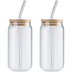 2 stuks drinkglazen, 12oz bierblikje met deksel en rietje, glazen bekers in vorm, ijstheeglazen, herbruikbaar voor ijskoffie, cocktail, wijnwater, helder