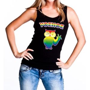 Yoehoe gay pride tanktop/mouwloos shirt zwart met regenboog tekst en knipogende uil voor dames - Gay pride/LGBT kleding S
