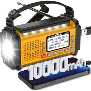 Noodradio Noodradio - Solar Opwindbaar - 10000mAh - Solar powerbank - Zonneenergie - Survival Noodpakket - Zaklamp Oplaadbaar - AM/FM - Noodrantsoen - Geel