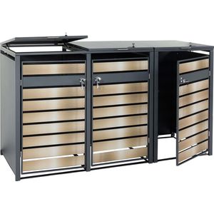 3 afvalemmerbehuizing MCW-J81, uitschuifbare afvalemmerbox, metaal 82kg, antraciet ~ goud