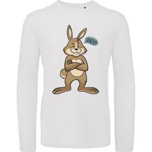 B & C - Heren T Shirt Konijn - Lange Mouw - Wit - Maat S