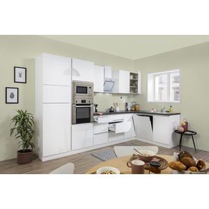 complete keuken met apparatuur Lorena-Hoekkeuken 345 cm-Wit/Wit - soft close - keramische kookplaat - vaatwasser - afzuigkap - oven - magnetron - spoelbak