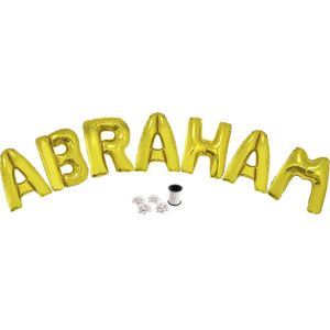 Folie ballonset goud met letters ABRAHAM 102 cm + geschenklint 10m met 4 witte strikken