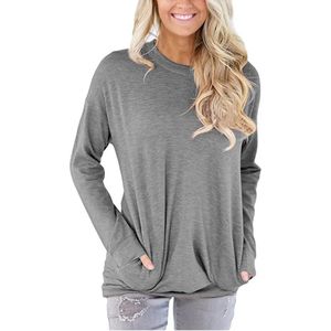 ASTRADAVI Casual Wear - Dames O-Hals Sweater - Trendy Trui met 2 Zakken - Heather Lichtgrijs / Large