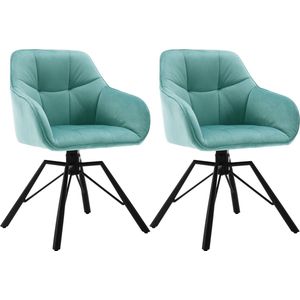 KTN® - Eetkamerstoelen set van 2 - 360 Graden Draaibare Zitting - Rugleuning - Armleuning - Fauteuil - Woonkamerstoelen - Kuipstoelen - Velvet - Fluwelen Stof - Gewatteerde Zitting - Metalen Poten - Turquoise