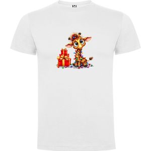 Wit T-Shirt met “Giraffe in Kerstsfeer - Kerst“ Print Full Color Maat S
