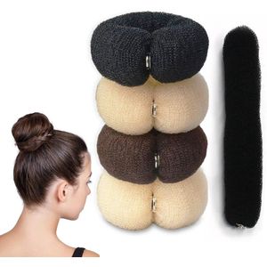 Zeynomax - Grote Donut Haarbroodmaker Set voor Opgestoken Kapsels Accessoires - Zwart Bruin Crèmewit - 4 Stuks