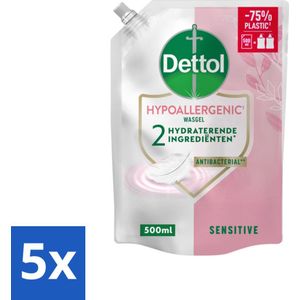 5 x Dettol - Handzeep Navulling - Hypoallergenic - Sensitive - 500 ml - Handzeep Navulling - Hypoallergenisch - Gevoelige Huid - Antibacterieel - Handverzorging