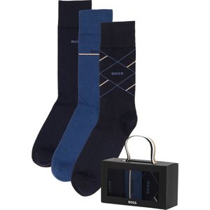 BOSS - Cadeauset Herensokken - Jeansblauw - Donkerblauw - Blauw Geruit - 3-pack