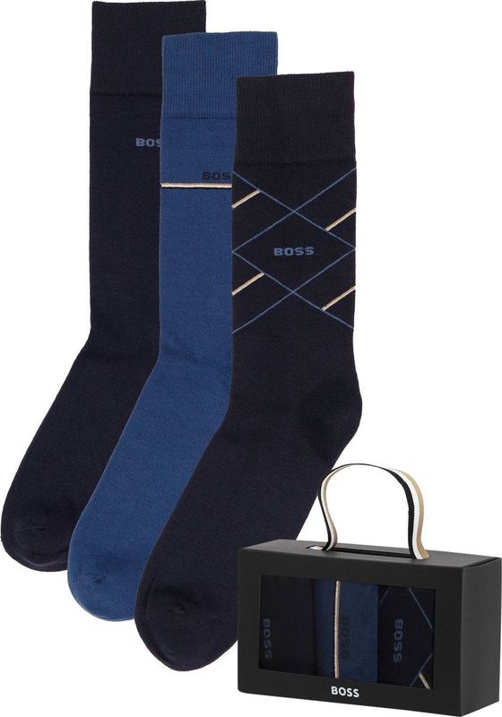 BOSS - Cadeauset Herensokken - Jeansblauw - Donkerblauw - Blauw Geruit - 3-pack