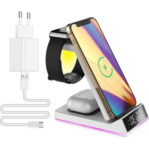 Draadloze Oplader met Klok en Nachtlampje - Inductief Laadstation - Wireless Charger - iPhone Samsung iWatch AirPods Pro - 5 in 1 - Compatibel met iPhone 15 14 13 12 11 Pro Max XS XR X 8 SE 7 6 5 Ultra Oplaadstation