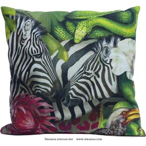 African Jungle Zebra Kussenhoes - WhimsicalCollection - Katoen 45 x 45 cm met rits sluiting - Afrika - Jungle - Wilde dieren - Kleed jouw huis of tuin prachtig aan met deze kussenhoes. Gemaakt in Zuid Afrika - Kussen niet inbegrepen