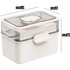 Wit Draagbare EHBO-geneeskunde Opbergdoos - 28 * 21 * 17 cm - 3 Laag Geneeskunde Kast Organizer met Handvat