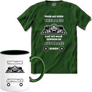Voor mij geen therapie, laat mij maar gewoon de autorace kijken - Formule 1 - F1 race kleding - autorace cadeau - T-Shirt met mok - Heren - Bottle Groen - Maat 3XL