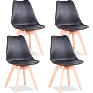 Manzibo Set van 4 Eetkamerstoelen - Eetkamerstoel - Met kussen - Met gestoffeerde zitting - Leer - Houten poten - 4 stoelen - Voor keuken of huiskamer - Zwart