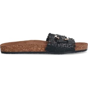 Manfield - Dames - Zwarte leren slippers met gesp - Maat 37