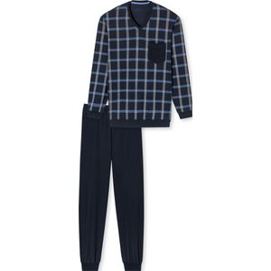 SCHIESSER Comfort Nightwear pyjamaset - heren pyjama lang organic cotton V-hals manchetten borstzak nachtblauw geruit - Maat: XXL