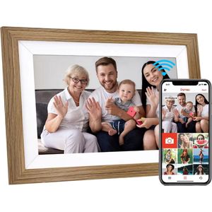 Lightdista Digitale WiFi Fotolijst 10.1 inch – Houten Design – HD IPS Scherm – 16GB Geheugen – Draadloos Foto Delen via Frameo App