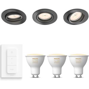Philips Donegal Inbouwspots met Philips Hue White Ambiance GU10 & Dimmer Switch - Warm tot Koel Wit Licht - Dimbaar - Spotjes Inbouw - 3 Stuks - Antraciet