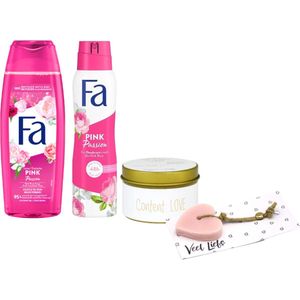 Fa Cadeauset Pink Passion Veel liefs - Fa Deo Spray 150 ml Pink Passion - Fa Douche 250 ml Pink Passion - My Flame Kaars Blikje Content: Love - Soap & Gift Kaartje Met Zeephartje ""Veel Liefs