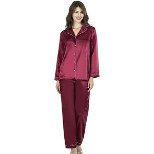 Satijn Dames Pyjamaset 2- Delige - Luxe Pyjama- Nachtkleding Bordeaux Maat L