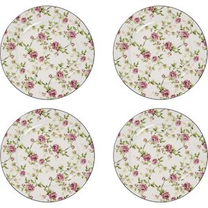 HAES DECO - Ontbijtborden set van 4 - Formaat Ø 21x2 cm - kleuren Wit - Bedrukt Porselein - Collectie: Vintage Rose - Servies, kleine borden