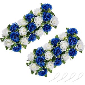 Kunstbloemen middelpunt voor tafels 2 stuks koningsblauwe bloemen 50 cm lang nep-rozenarrangementen zijden bloemen middelpunt voor bruiloft verjaardag feest eten tafelloper decor