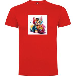 Rood T-Shirt met “ Kleurrijke Kitten met bol wol“ Print Full Color maat 104 / 3/4 jaar